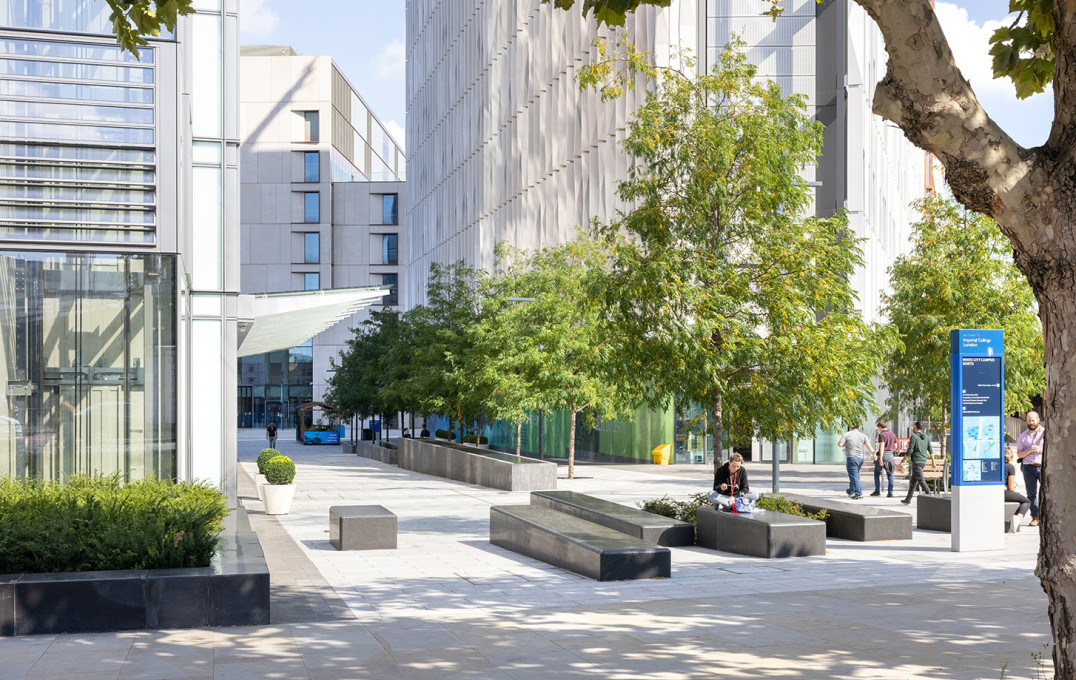 Staff and students enjoy spaces outside the White City campus buildings