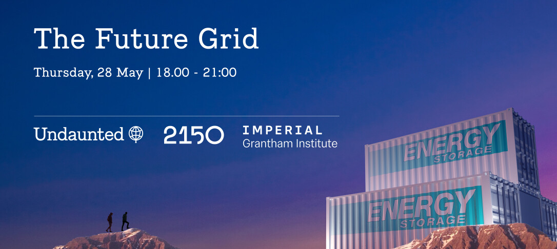 Event image for u201cThe Future Gridu201d event with mountains, hikers, and giant energy storage containers.