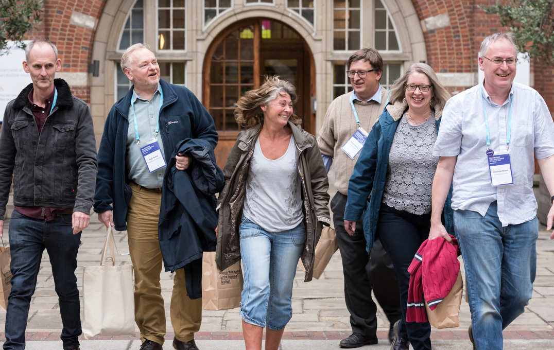 Alumni walking out of Beit Quad