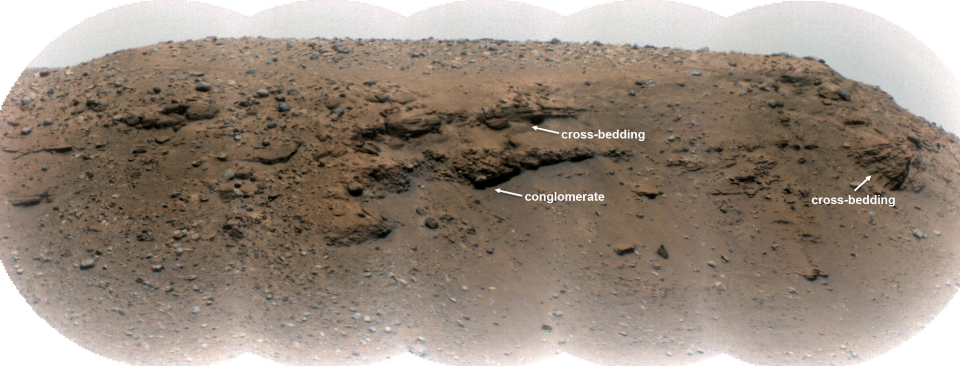 Mosaic image of Delta Scarp with boulder-containing conglomerates that are evidence of high energy flood deposits formed after the main delta was deposited. 