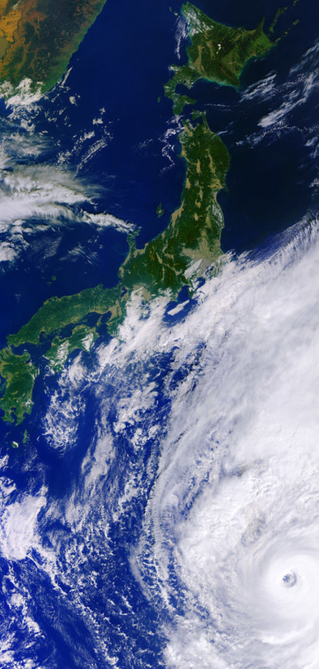 Satellite imagery shows Typhoon Hagibis, a whirlwind cloud, heading towards Japan's main island, Honshu.