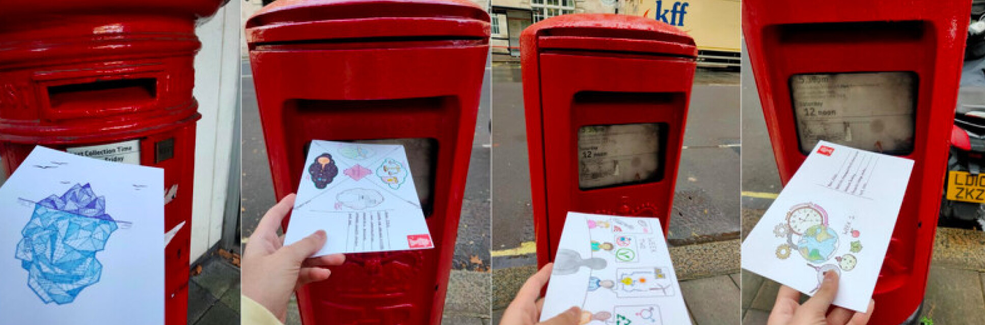Hand-illustrated postcards being posted into 4 different red pillar boxes