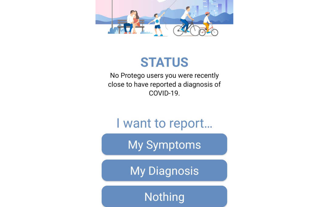 Screenshot of app's 'status' page, where you can report symptoms, a diagnosis, or nothing.