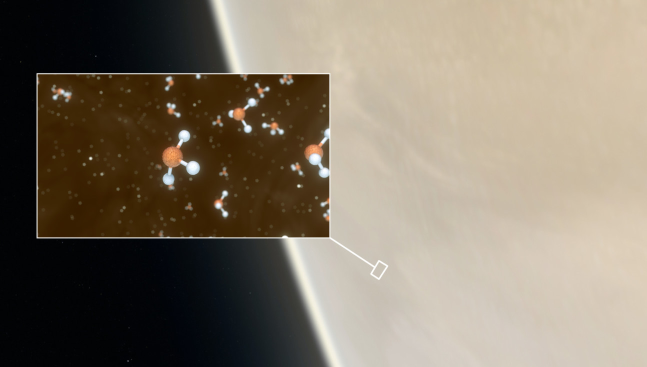 Artist's impression of Venus, with an inset showing a representation of the phosphine molecules detected in the high cloud decks.