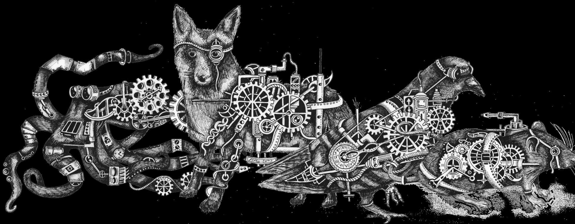 An illustration of animals made of cogs