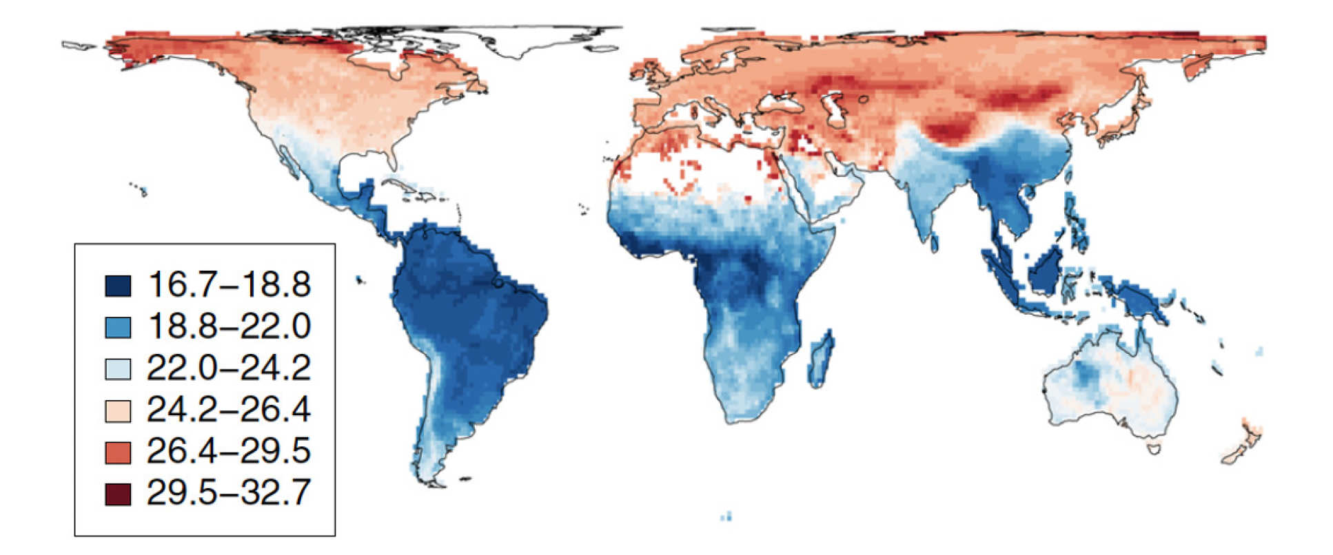 Map showing red at higher latitudes and blue nearer the equator