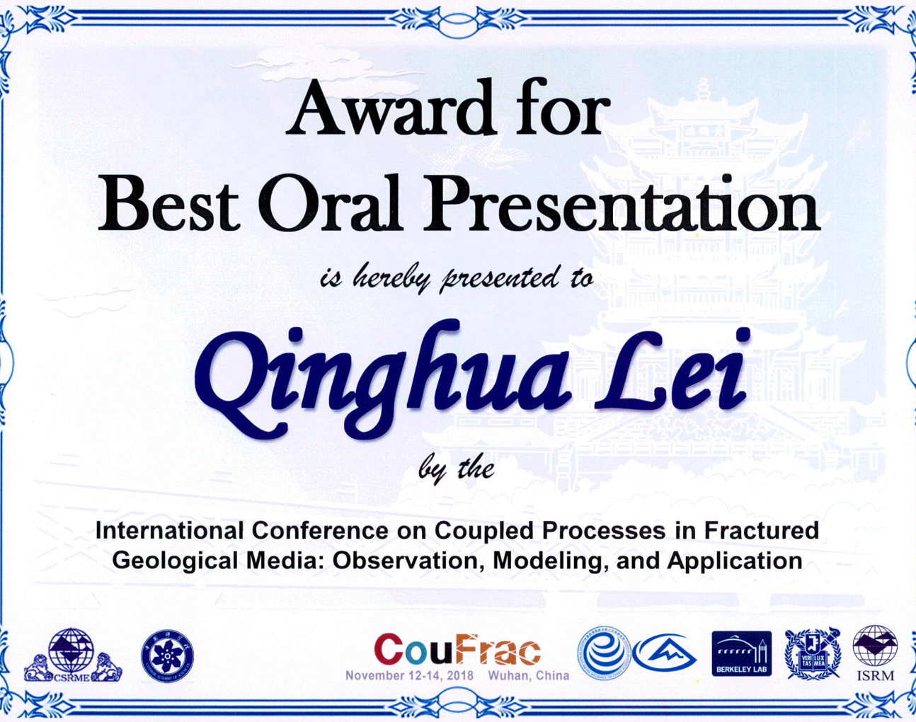 Qinghua's Best Oral Presentation Award at CouFrac