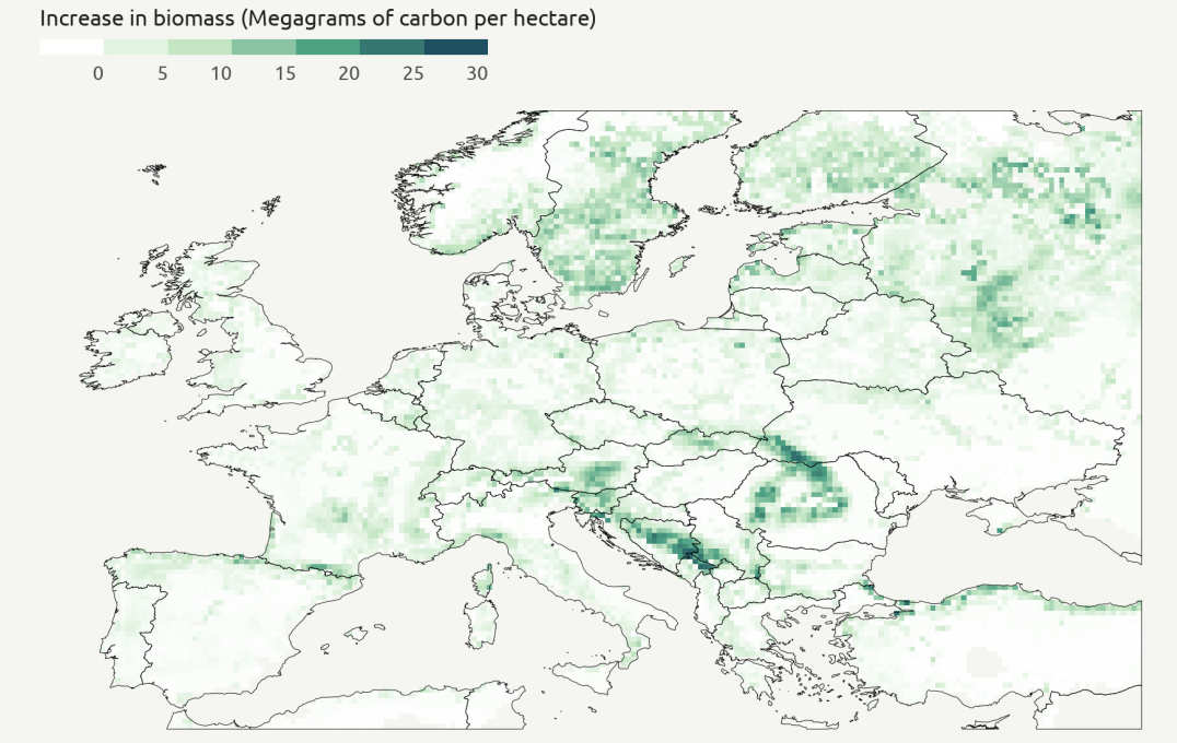 Map of plant biomass increase predicted for 2100 for Europe