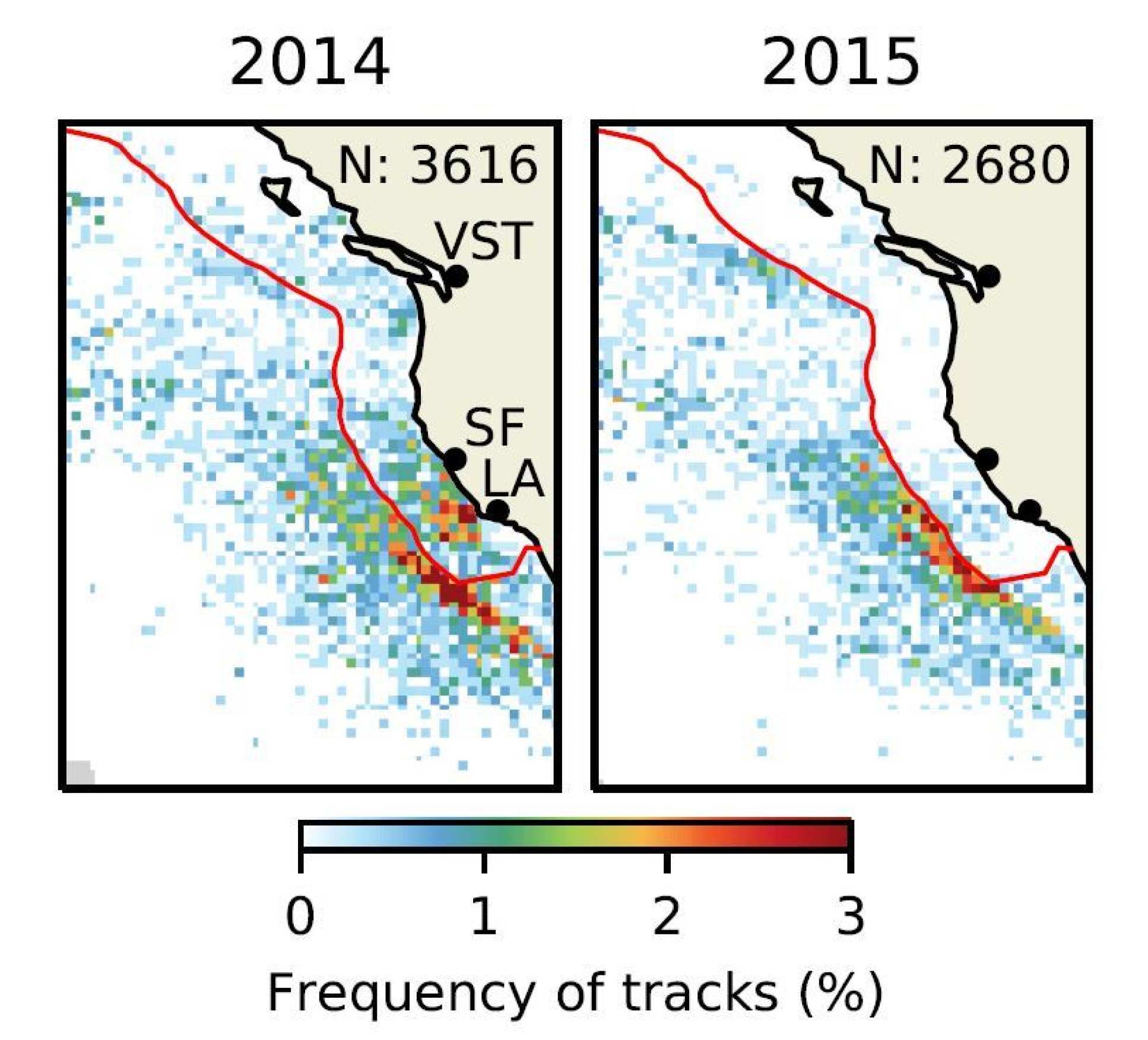 Two maps showing frequency of ship tracks off the coast of California in 2014 and 2015