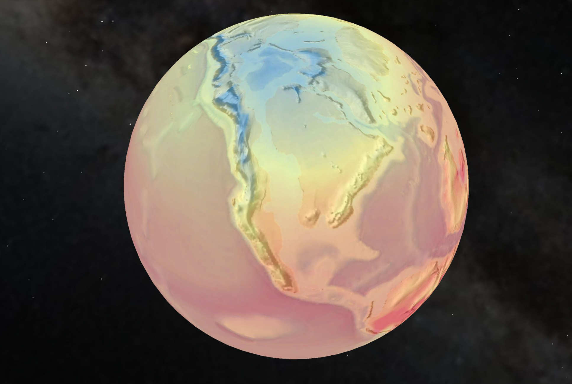 An illustration of the Earth centred over North America, with colder temperatures in the north and west