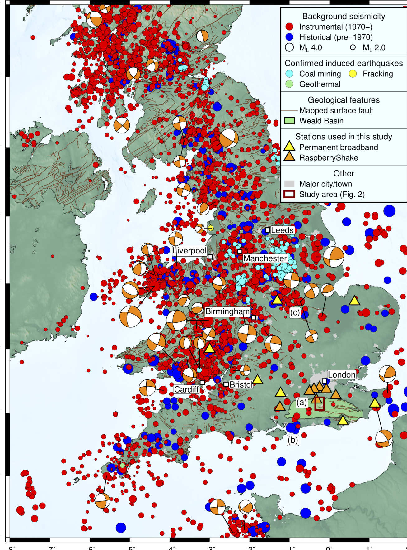 Map of earthquake data in England and Wales, showing the study area south of London and indicating background seismic activity (from BGS), industrial-induced earthquakes, and locations of study seismometers.