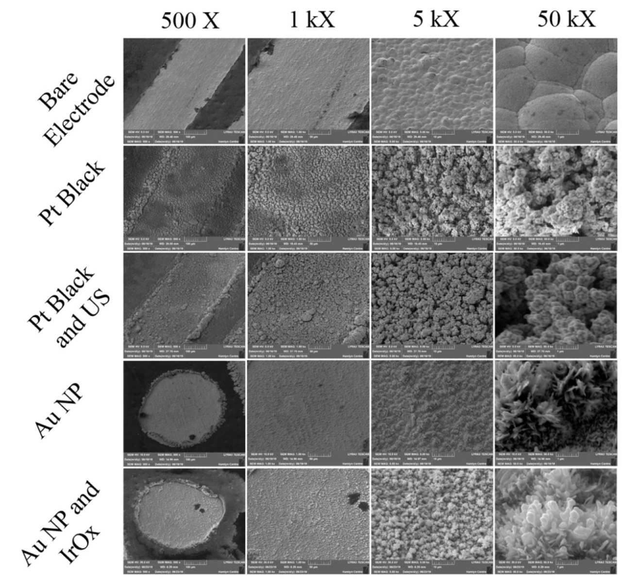 SEM images at different magnifications, showing electrode surfaces from the as received electrodes and following electrochemical depositions.