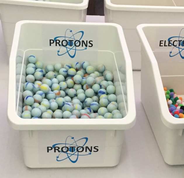 box of marbles with the label 'protons'