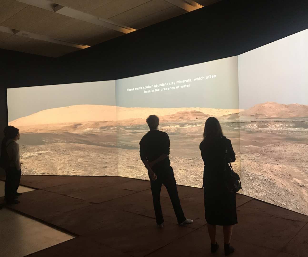 People looking at screen showing surface of Mars