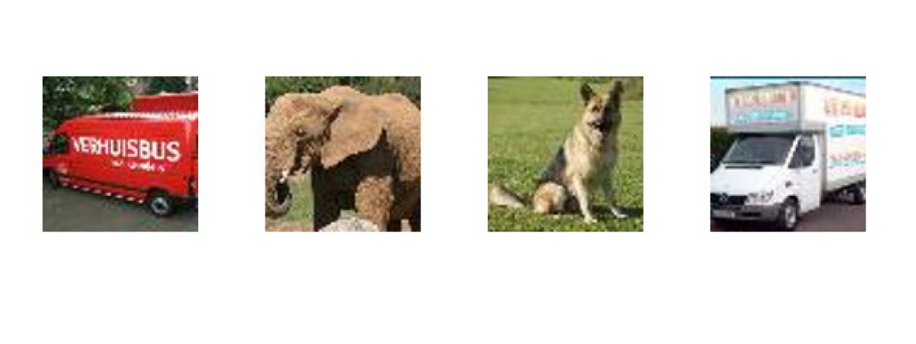 Four images, left to right: red bus, elephant, sitting dog, white lorry