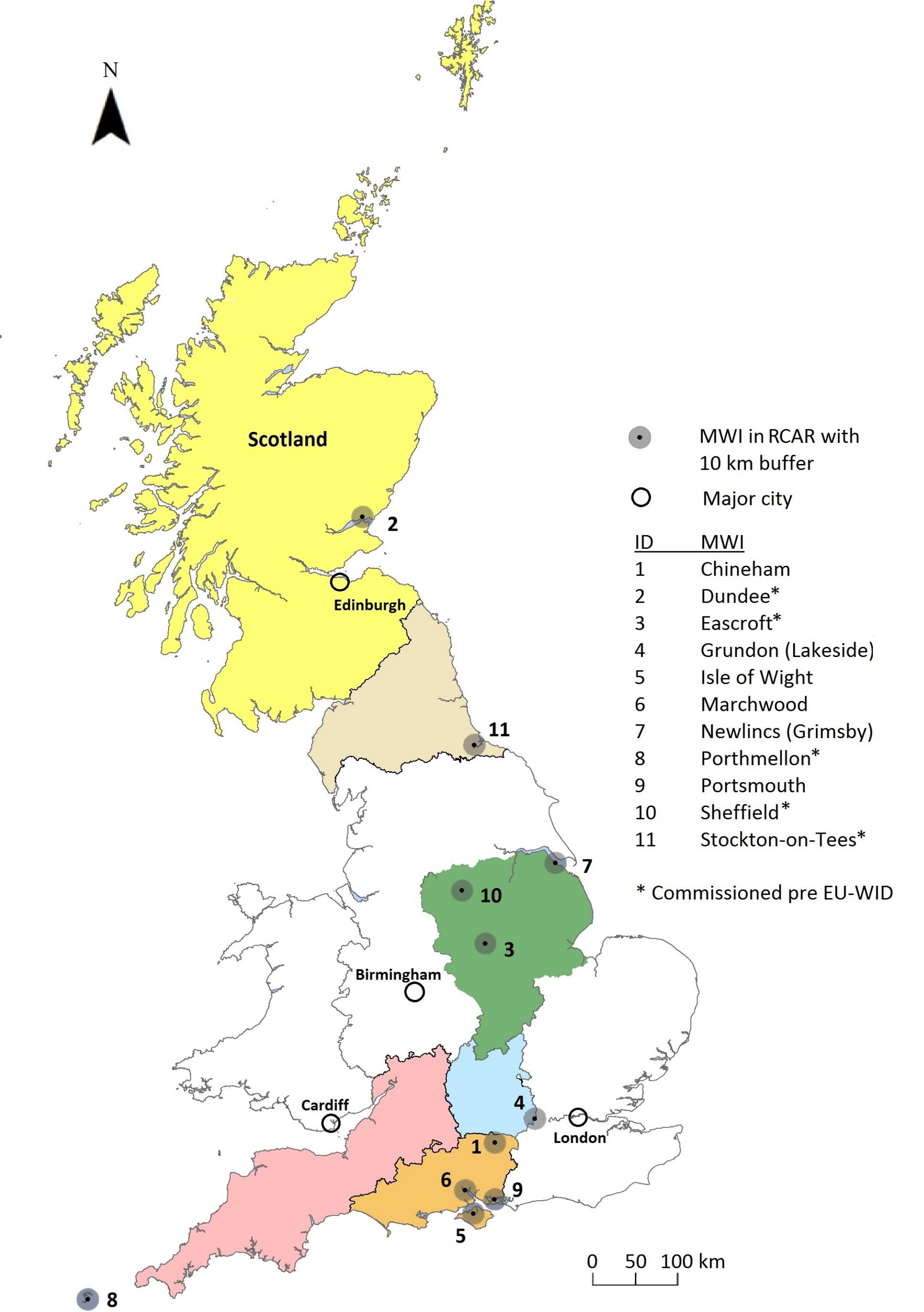 Map of a subset of 10 incinerators in England and Scotland