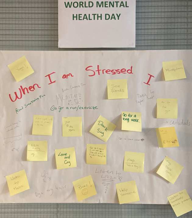 Photo of a board with post-it notes attached to it. The title is 'When I am stressed I...', and each post-it note contributes a strategy for managing stress.