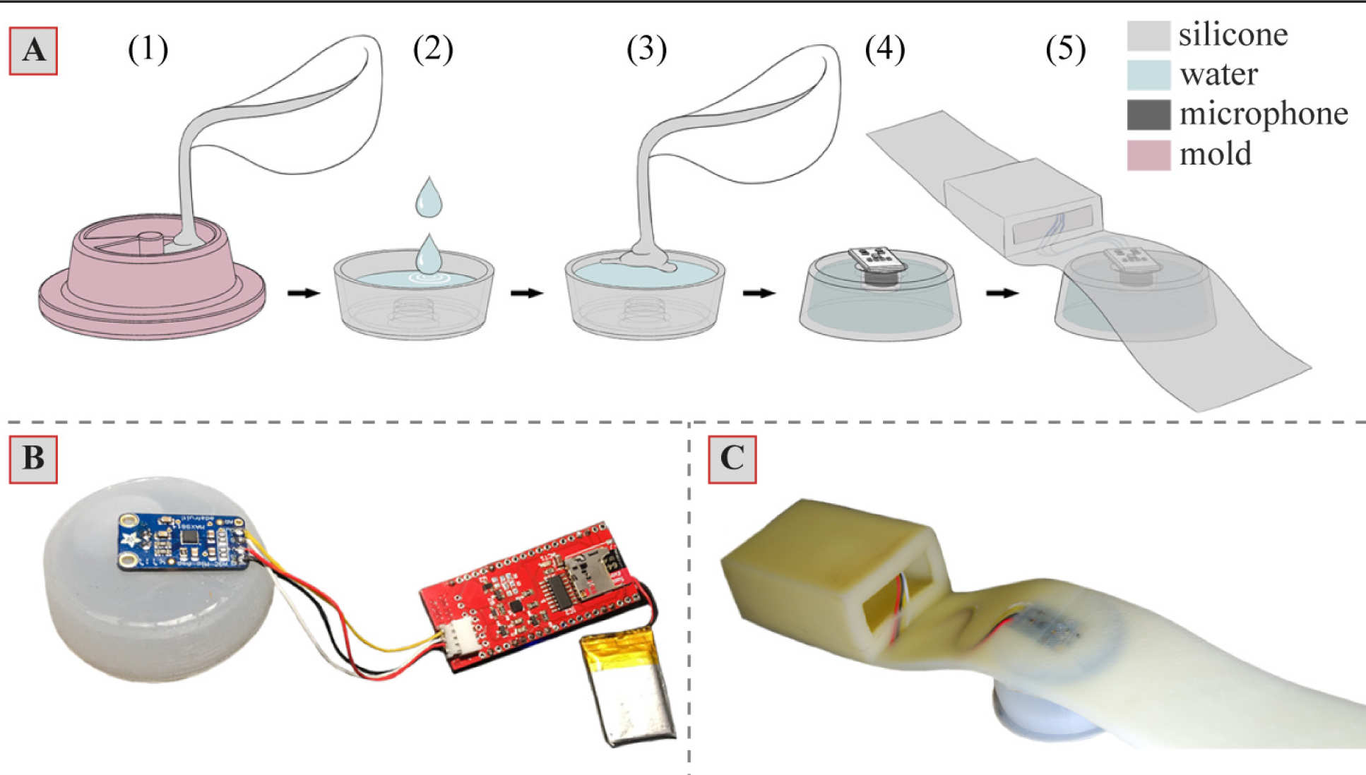 Diagram showing how silicone and water is put together to make the sensor. A microphone is embedded within the silicone-water combination.