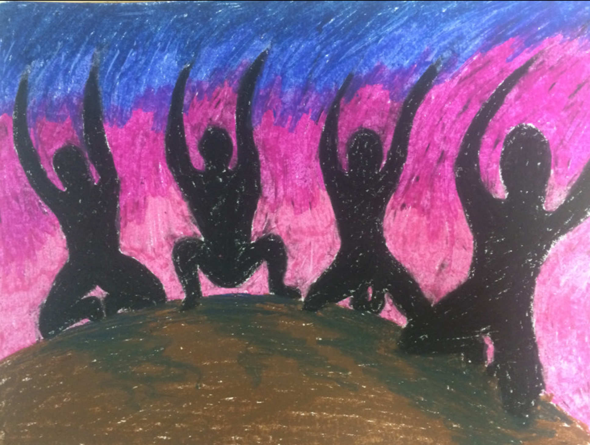 An illustration from one of study participants showing four kneeling shadows on a mound of earth waving their arms against a colourful background. 