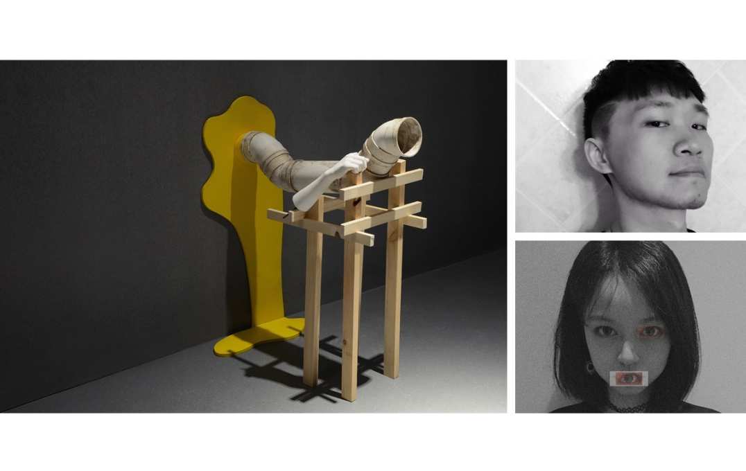 To the left a photograph of a sculpture made up of a sewage pipe, an arm and some yellow paint sits within a white room. Next to this image are and photos of a man (top-right) and a woman (bottom-right)