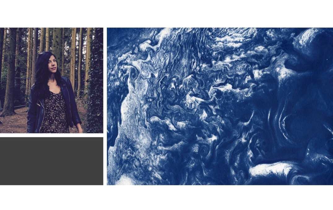 To the left a photograph of a woman in a forest, to the right a blue coloured photo of swirling clouds. 
