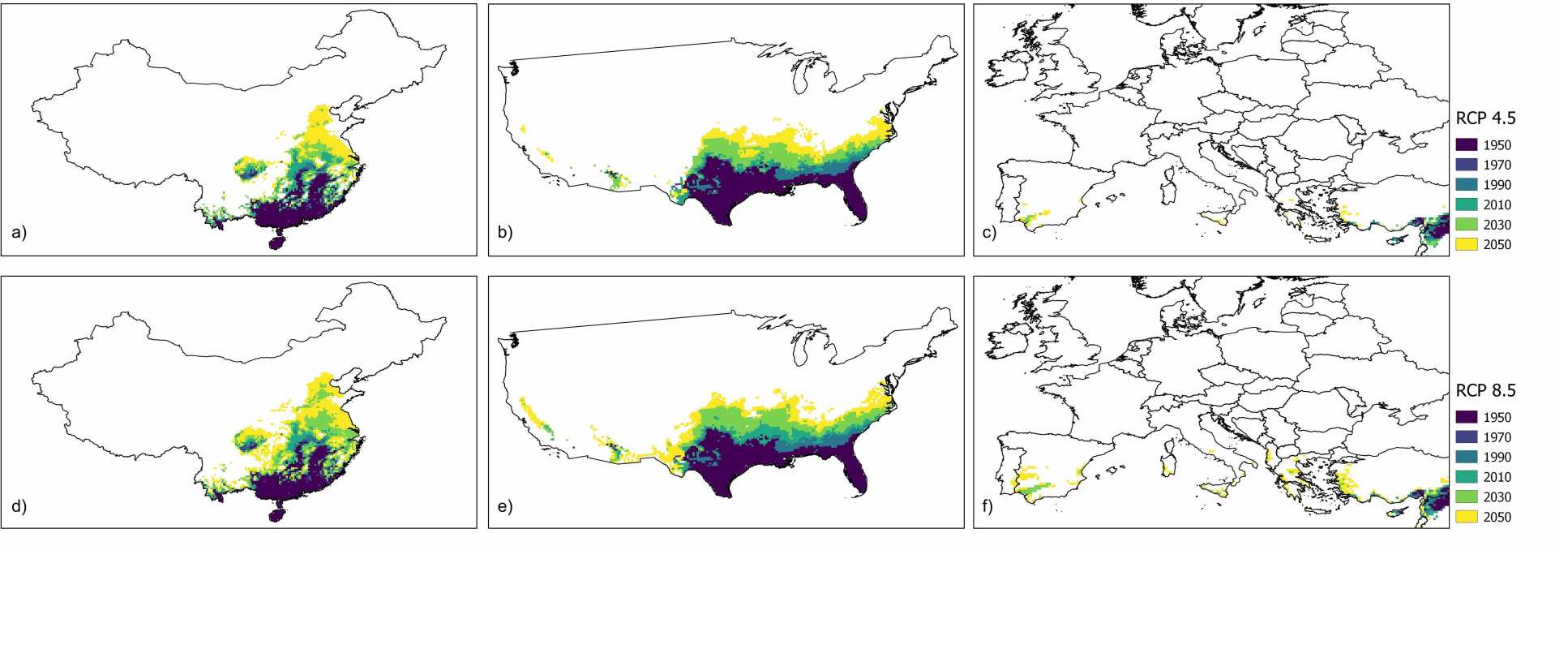 Maps of China and the US showing area per year