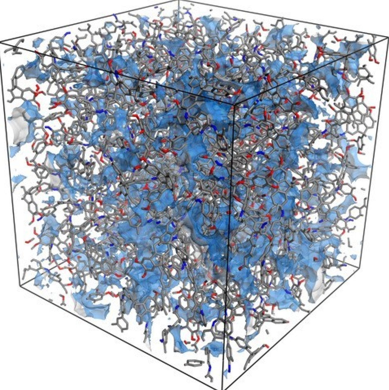 A molecular model of the polymer membrane, with the pores shown in blue. 