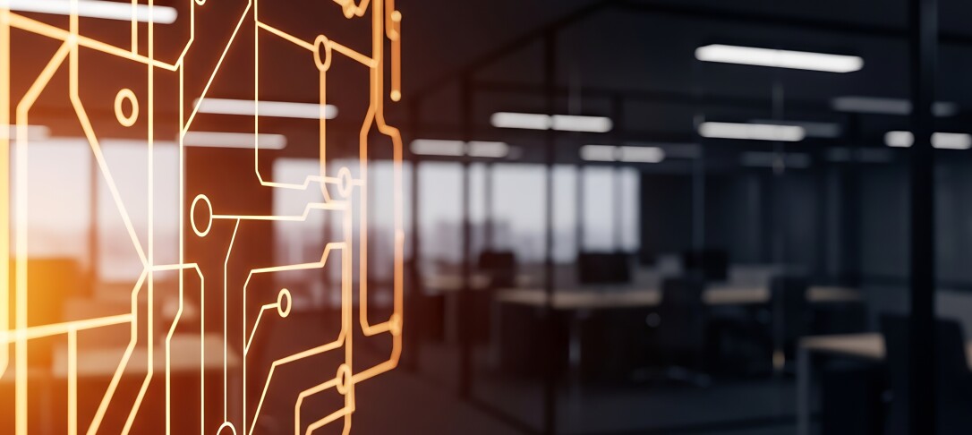 An office-lab space overlaid with a warm orange AI hardware graphic to symbolise a new work space for innovation 