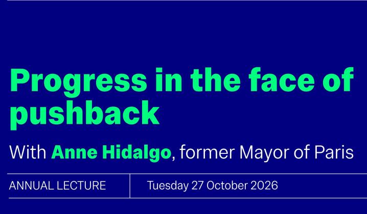 Events image for the Grantham Institute Annual Lecture with Caroline Lucas on Tuesday 29 October 2024 18:00-21:00. White text on blue background with a photo of a woman with brown hair looking at the camera.