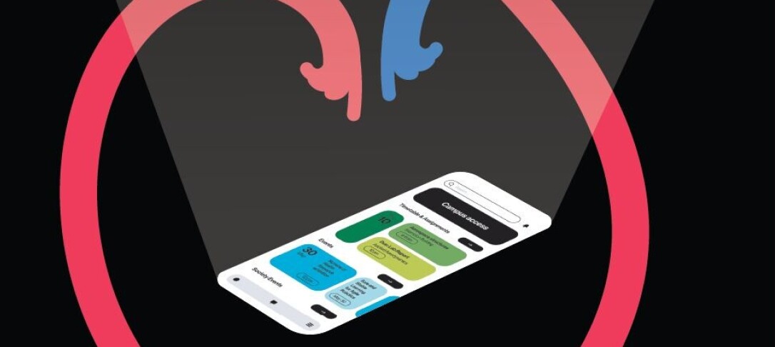 A red and blue hand pointing at a mobile phone app with qr code