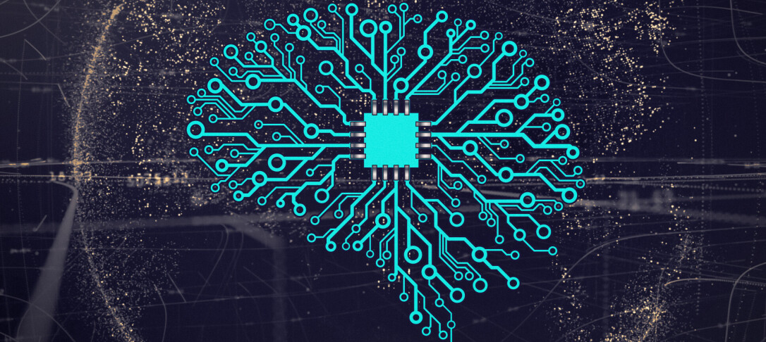 image of a brain-shaped electronic circuit with a chip in the middleboards