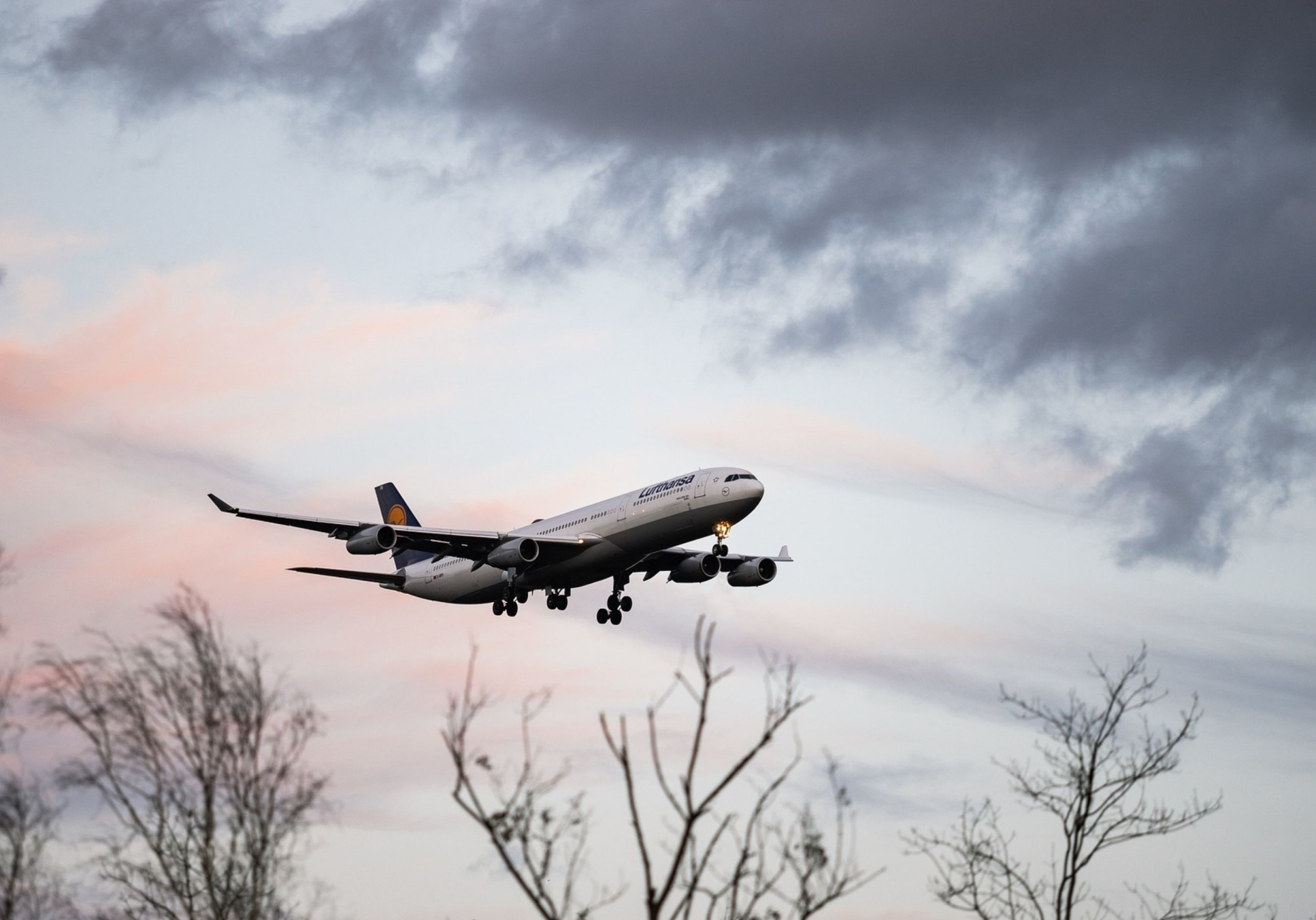 A plane coming in to land against a cloudy sky, with the silhouettes of wintry trees in the foreground