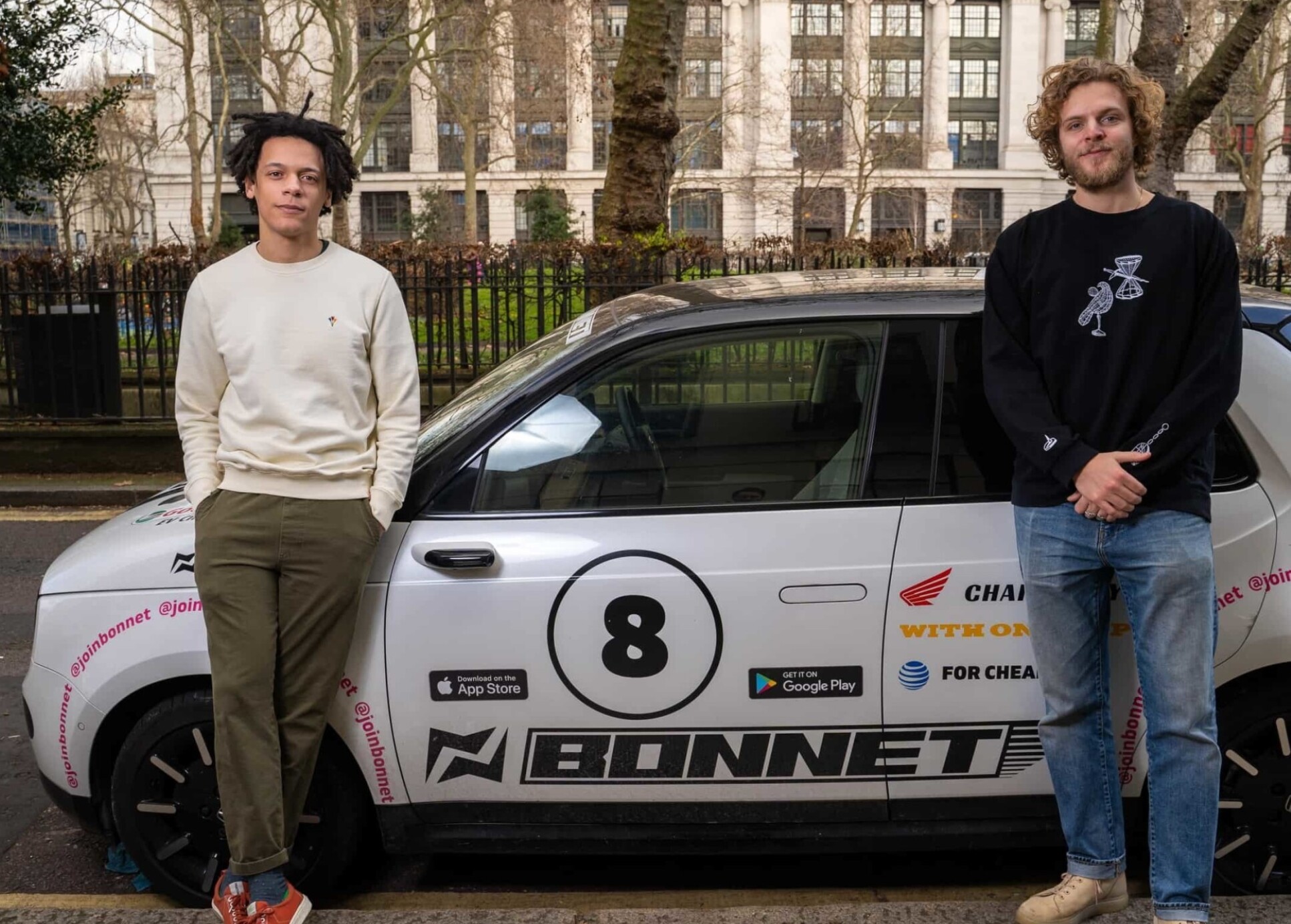 Bonnet co-founders with a car