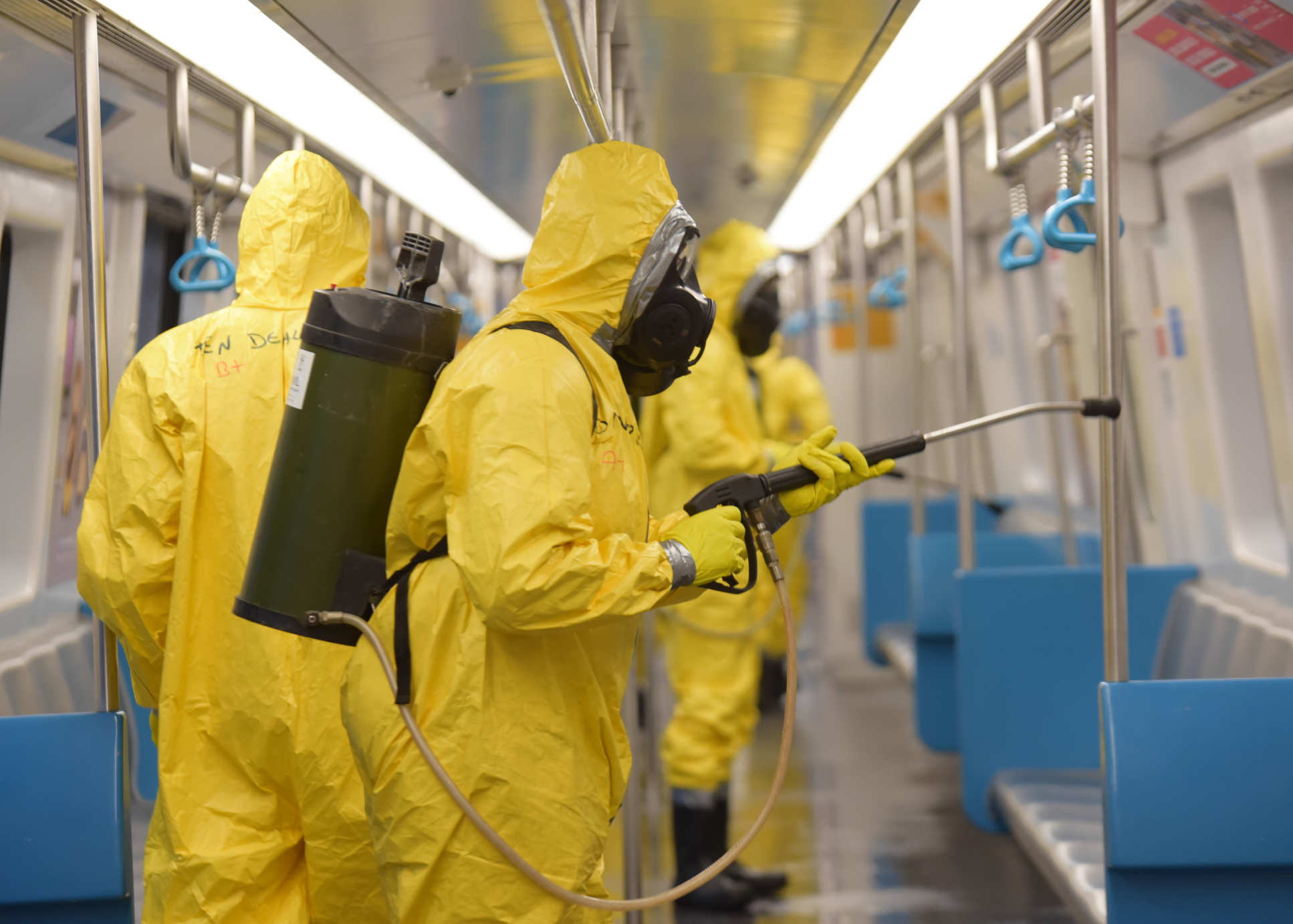 A train carriage is disinfected