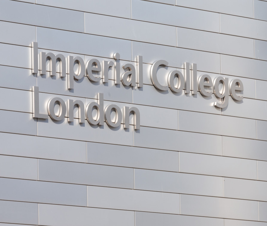 The Imperial College London logo in silver lettering that welcomes people to the South Kensington campus on Exhibition Road
