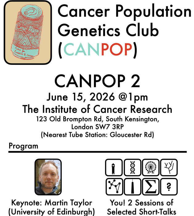 Cancer Population Genetics Club flyer - a soft drink can with 'CANPOP' written on it and a photo of Martin Taylor