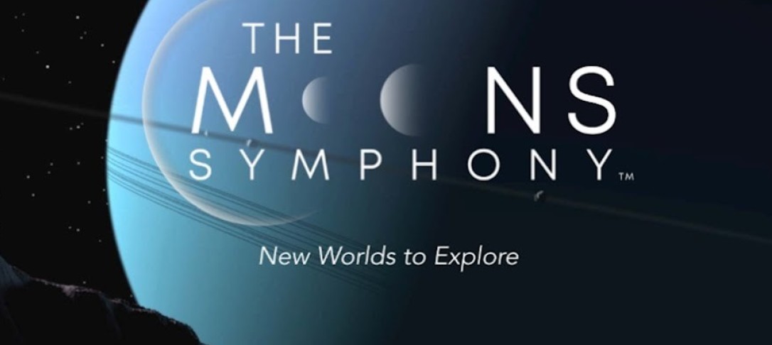 Image of the moon with the text: Amanda Lee Falkenberg, The Moons Symphony, New worlds to explore