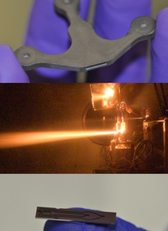 Three photos; ICE-200 on the top, its hot fire testing in the middle, and ICE-Cube at the bottom  