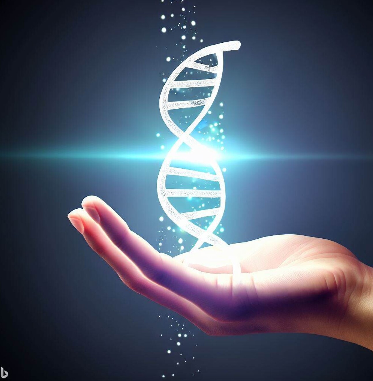 A hand holds a glowing DNA helix which is silver