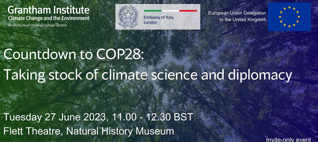 Event banner with green and blue background, logos of co-hosts Grantham Institute, the ITalian Embassy and the EU delegation. The title is written in bold in white, with event details including place and time just below it. The background has a faint image of trees.