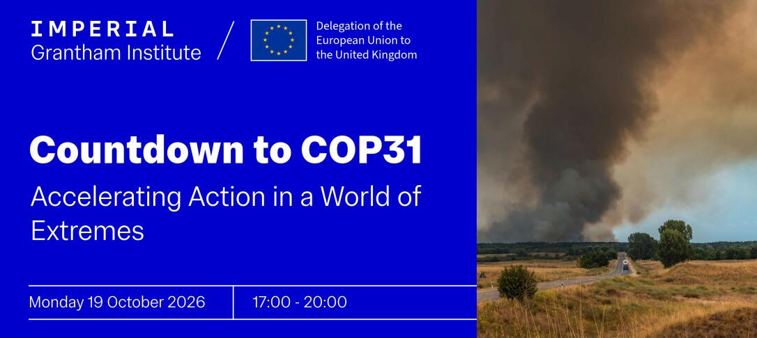 Countdown to COP31. White text on blue background with a photo of a wildfire