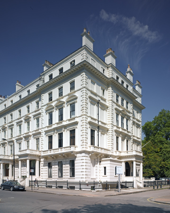 Photo of the entrance to 58 Prince's Gate, Exhibition Road u2013 an end of terrace, stucco fronted building