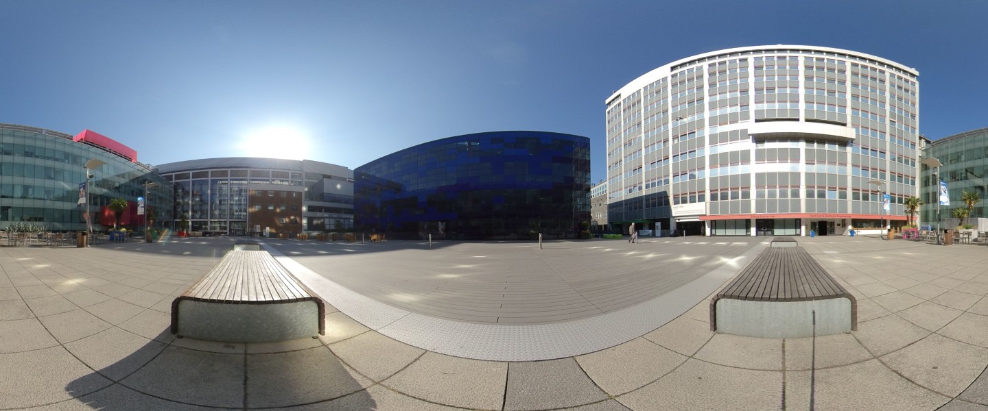 An unwrapped 360 image of Dalby Court in the sunshine