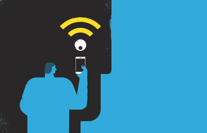 illustration of person holding a phone with a wifi symbol 