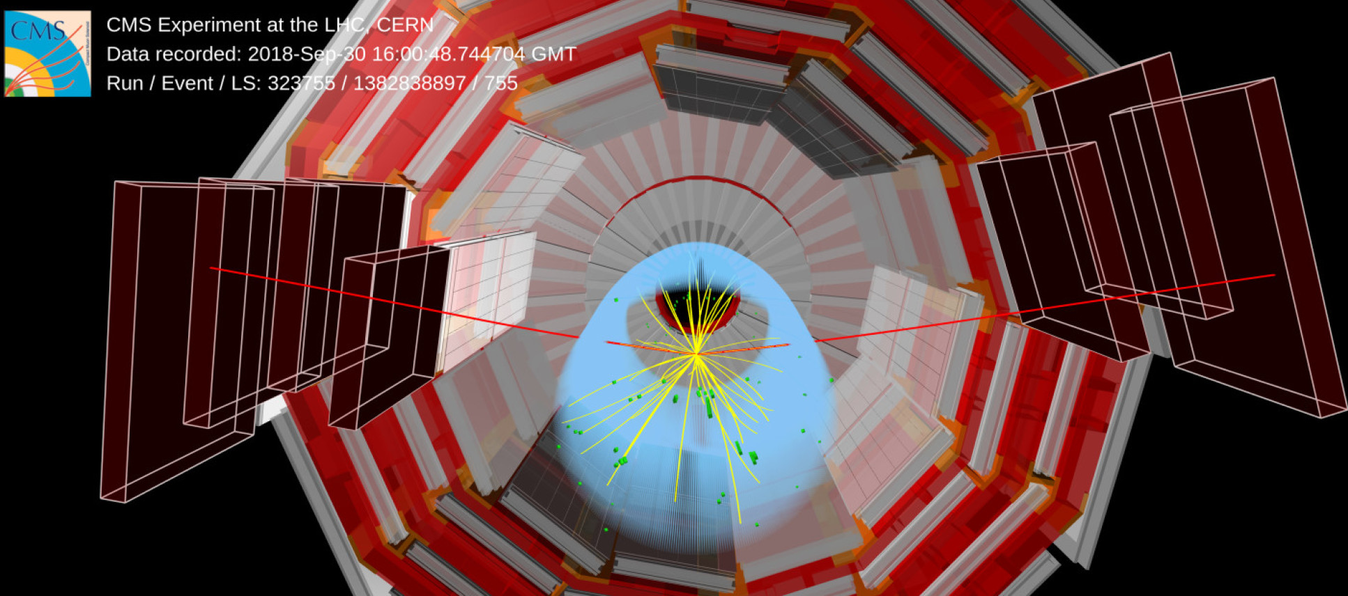 Visualisation of a collision inside the LHC, with lines showing the decay of the Higgs boson