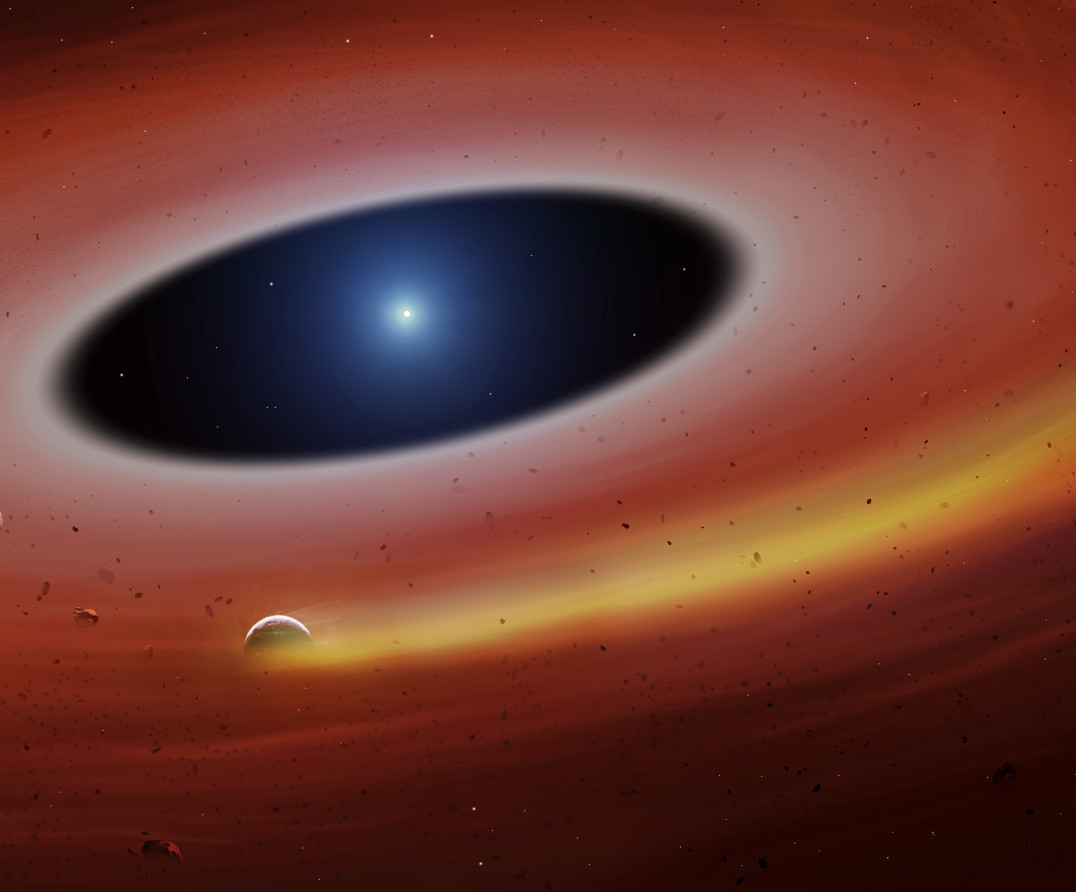 An artist's impression of the planetesimal orbiting on a 2-hour period within the gaseous disc around SDSS J1228 1040 (by Mark Garlick).