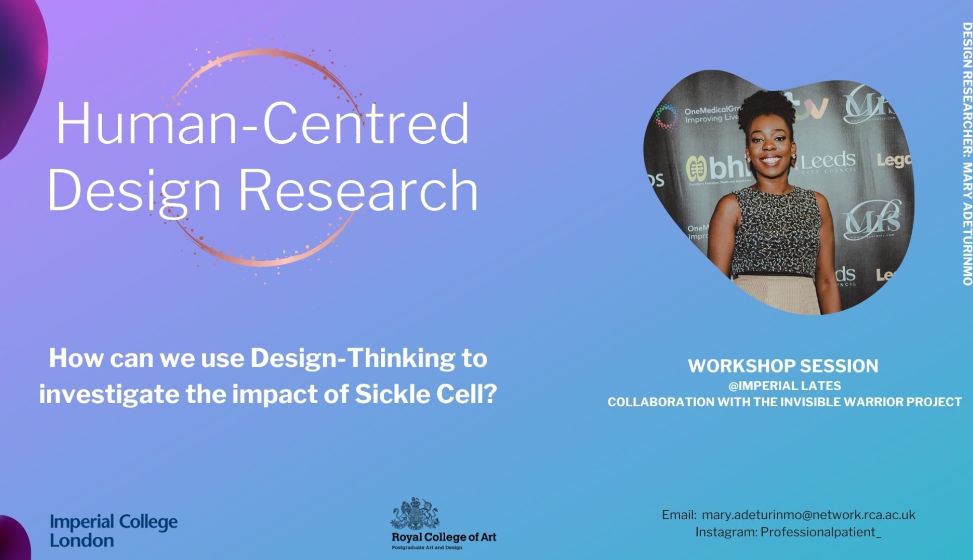 Purple banner which text 'Human-Centred Design Research: How can we use Design=Thinking to investigate the impact of Sickle Cell?'