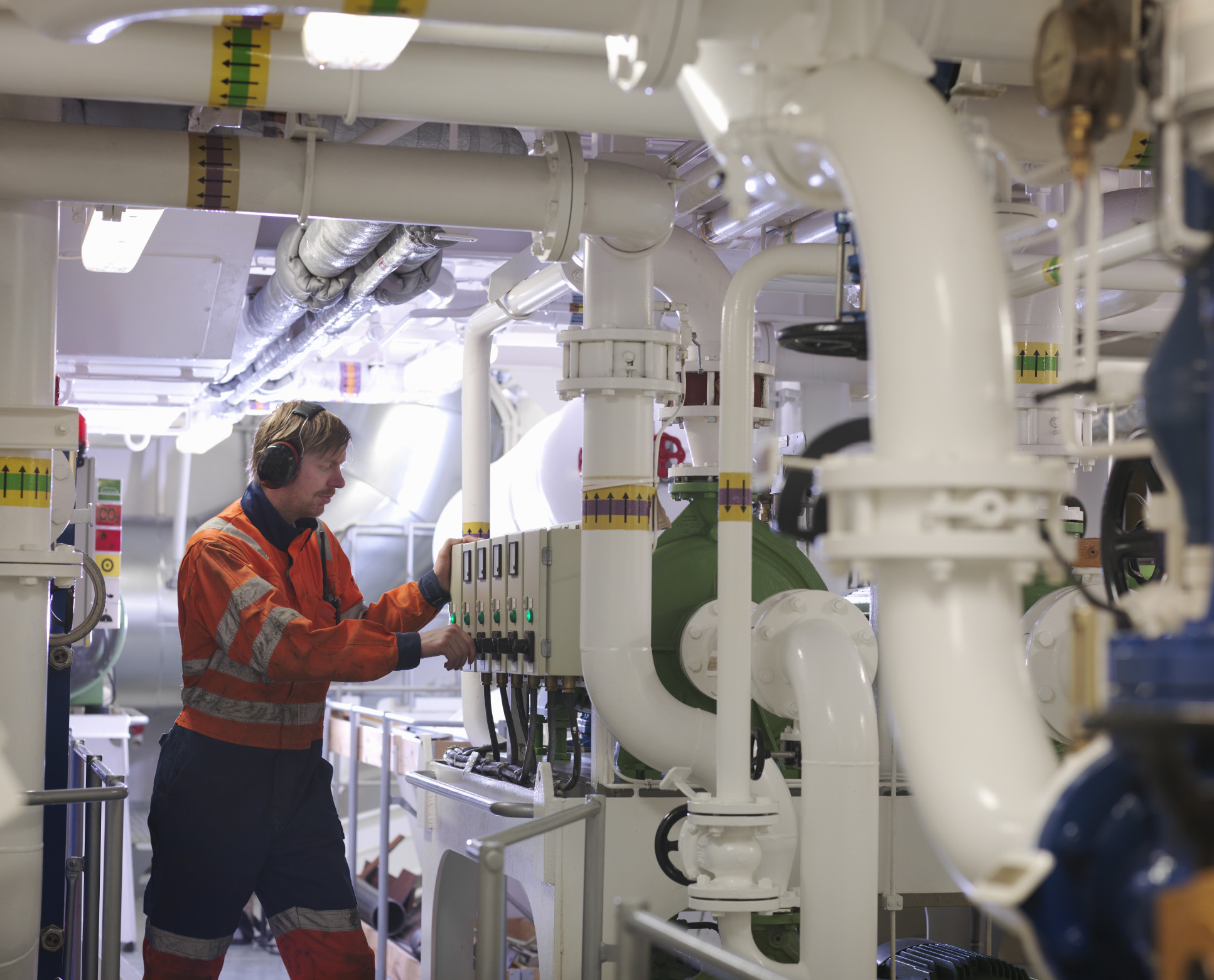 Engineer in ship's engine room