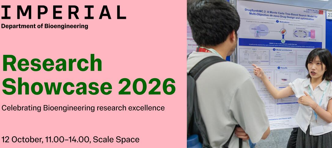 Banner advertising the Bioengineering Research Showcase 2026 event on 12 October, 11amu20132pm at Scale Space, showing a researcher presenting a scientific poster