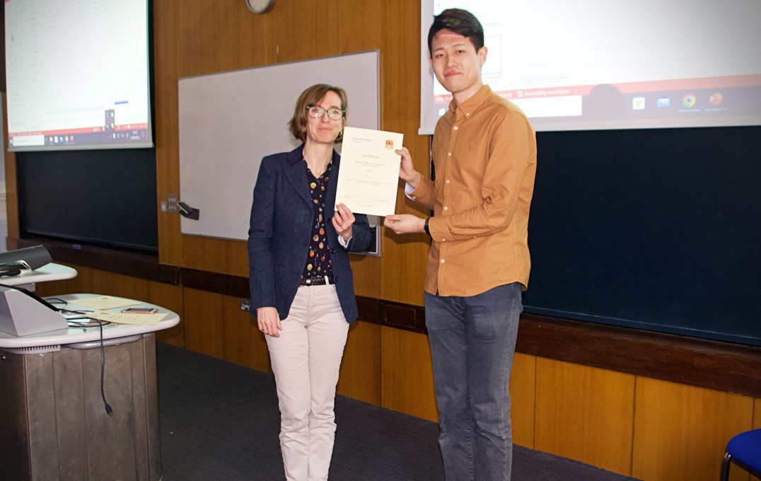 Professor Sandrine Heutz with Felix Xu, second place in the 'Best Scientific Content' prize